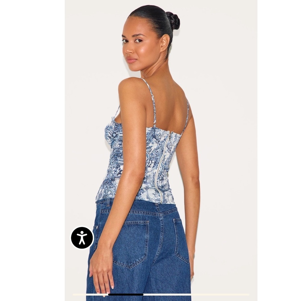 PrettyLittleThing Blue Renaissance Toile Print Corset Top Zip back coquette chic - Picture 2 of 8